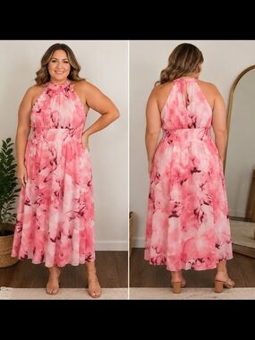 Pink Watercolor Floral Halter Midi/Maxi Dress Size XL 14/16  – NEW